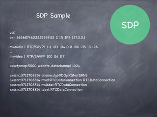 SDP
Session Description Protocol(SDP)
クライアントPeerの接続情報に関する
テキストデータ
送信元IP、Mediaはこれを使う、Audioをこれを使う、など
シグナリングで交換する
自分のSDPをLocal Description、相手のSDPを
Remote Descriptionと呼ぶ
 