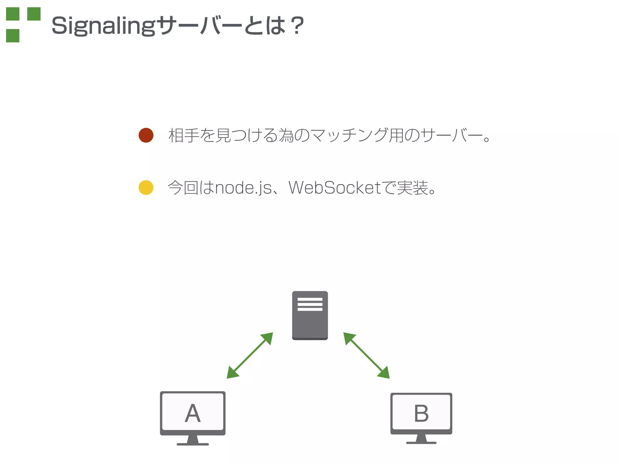 Signalingサーバーとは？ 
相手を見つける為のマッチング用のサーバー。 
今回はnode.js、WebSocketで実装。 
 