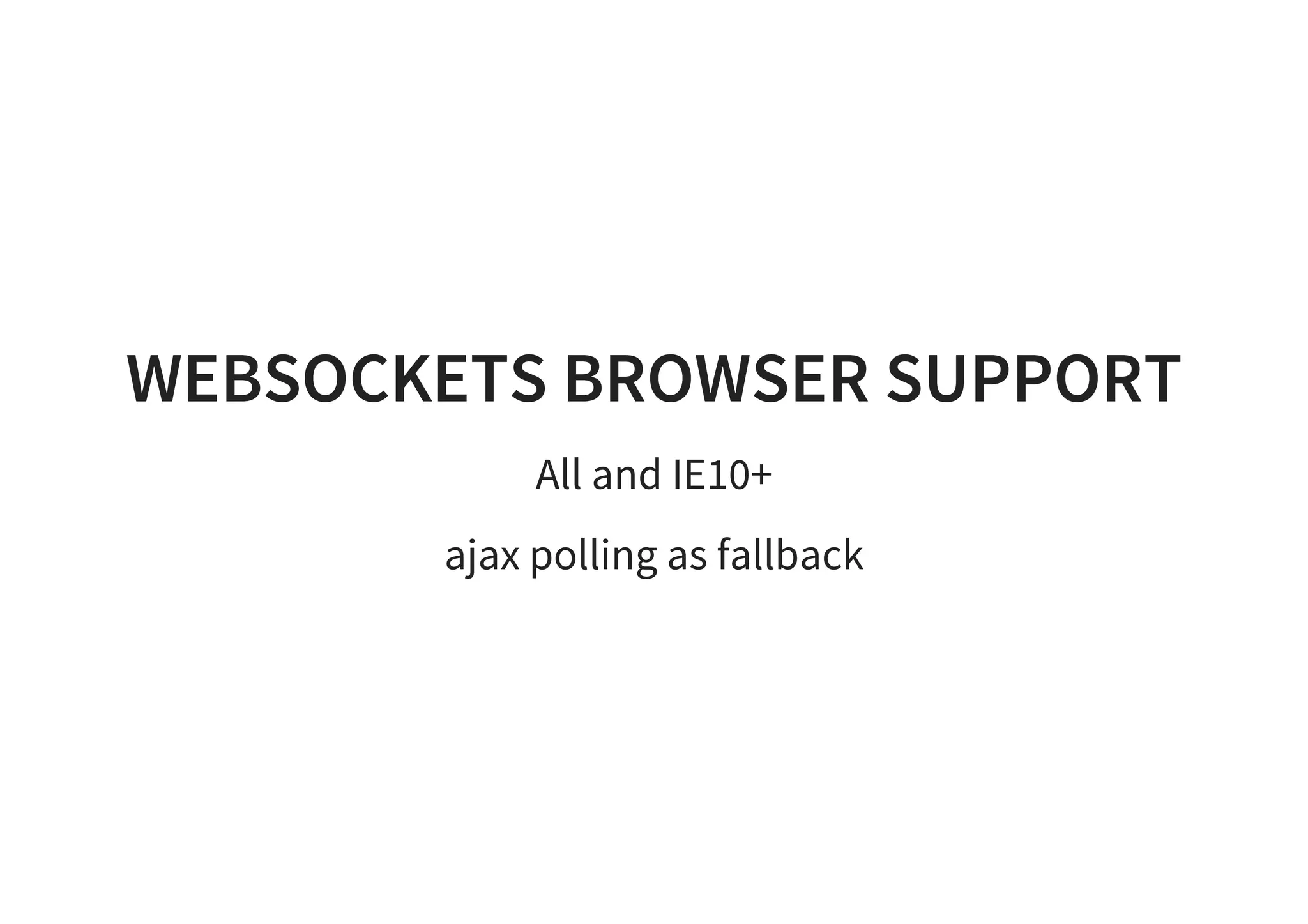 WEBSOCKETS BROWSER SUPPORT
All and IE10+
ajax polling as fallback
 