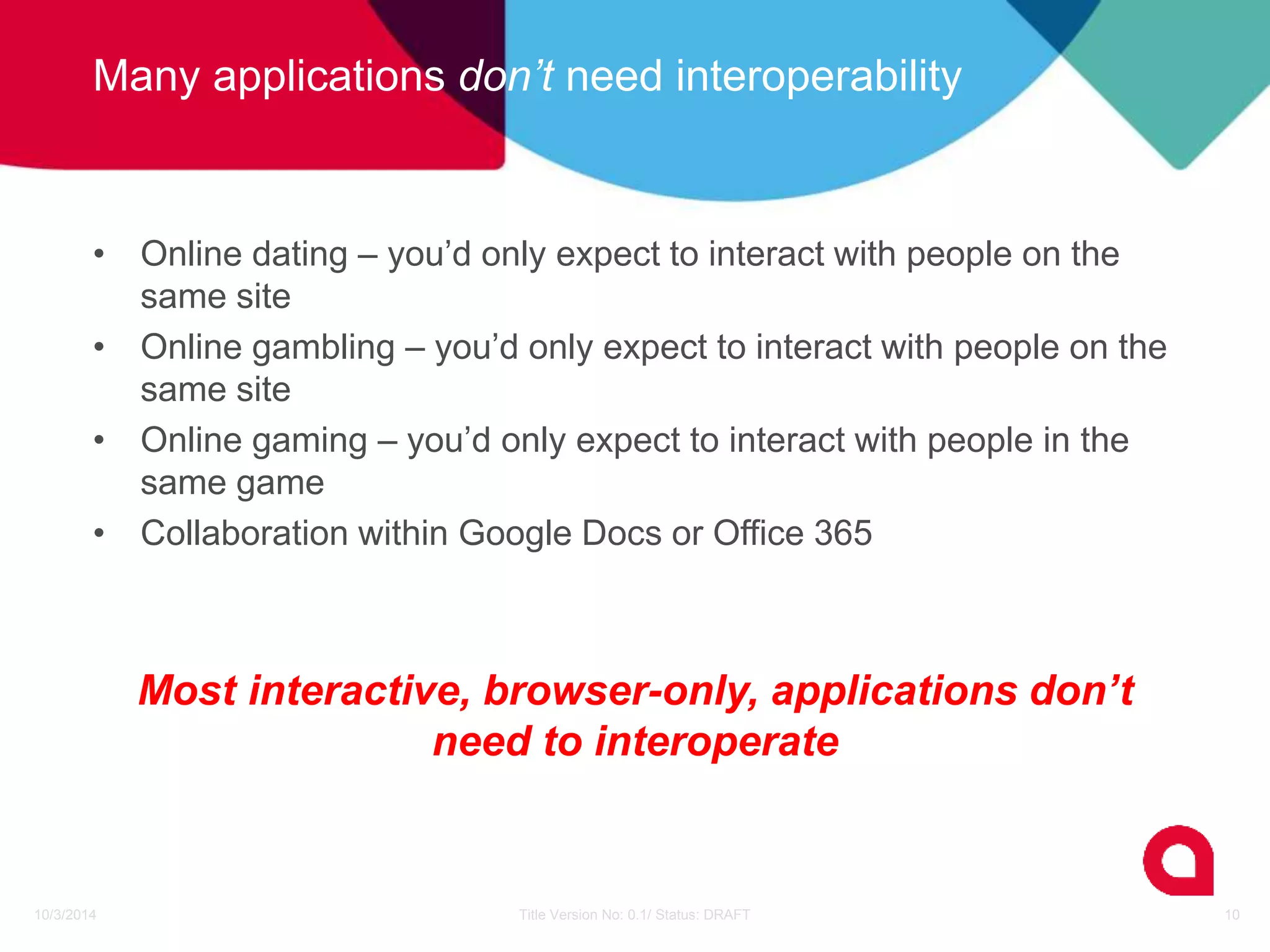 Many applications don’t need interoperability 
• Online dating – you’d only expect to interact with people on the 
same site 
• Online gambling – you’d only expect to interact with people on the 
same site 
• Online gaming – you’d only expect to interact with people in the 
same game 
• Collaboration within Google Docs or Office 365 
Most interactive, browser-only, applications don’t 
need to interoperate 
10/3/2014 Title Version No: 0.1/ Status: DRAFT 10 
 