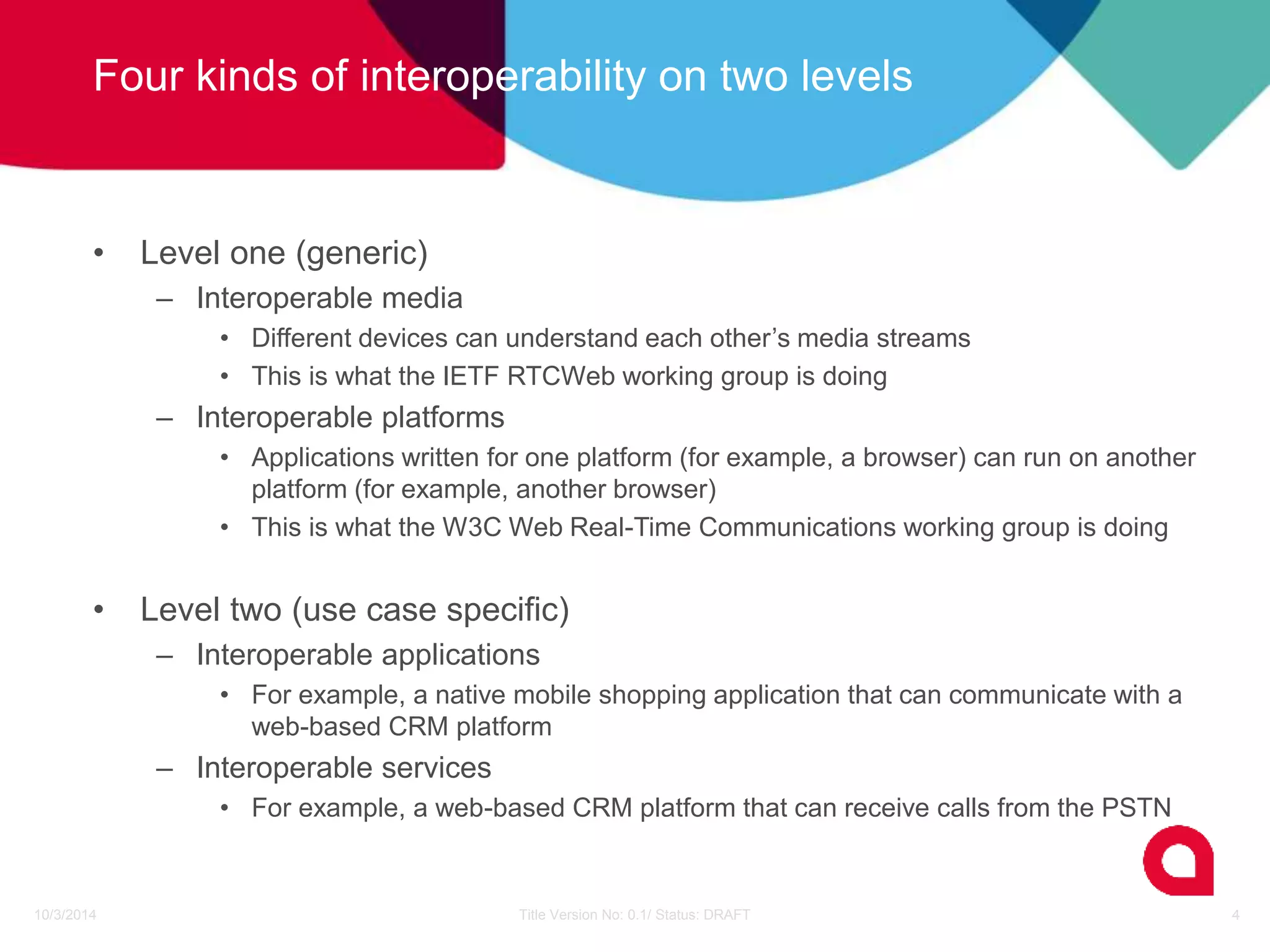 Four kinds of interoperability on two levels 
• Level one (generic) 
– Interoperable media 
• Different devices can understand each other’s media streams 
• This is what the IETF RTCWeb working group is doing 
– Interoperable platforms 
• Applications written for one platform (for example, a browser) can run on another 
platform (for example, another browser) 
• This is what the W3C Web Real-Time Communications working group is doing 
• Level two (use case specific) 
– Interoperable applications 
• For example, a native mobile shopping application that can communicate with a 
web-based CRM platform 
– Interoperable services 
• For example, a web-based CRM platform that can receive calls from the PSTN 
10/3/2014 Title Version No: 0.1/ Status: DRAFT 4 
 