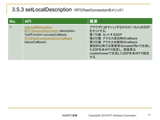 39
No. API 概要
１ setLocalDescription
(RTCSessionDescription description,
VoidFunction successCallback,
RTCPeerConnectionErrorCallback
failureCallback)
ブラウザに自マシン(すなわちローカル)のSDP
をセットする。
第１引数：セットするSDP
第２引数：アクセス成功時のcallback
第３引数：アクセス失敗時のcallback
典型的な例では発信者はcreateOfferで生成し
たSDPを本APIで設定し、受信者は
createAnswerで生成したSDPを本APIで設定
する
3.5.3 setLocalDescription （RTCPeerConnectionのメソッド）
WebRTC研修 Copyright© 2016 NTT Software Corporation
 