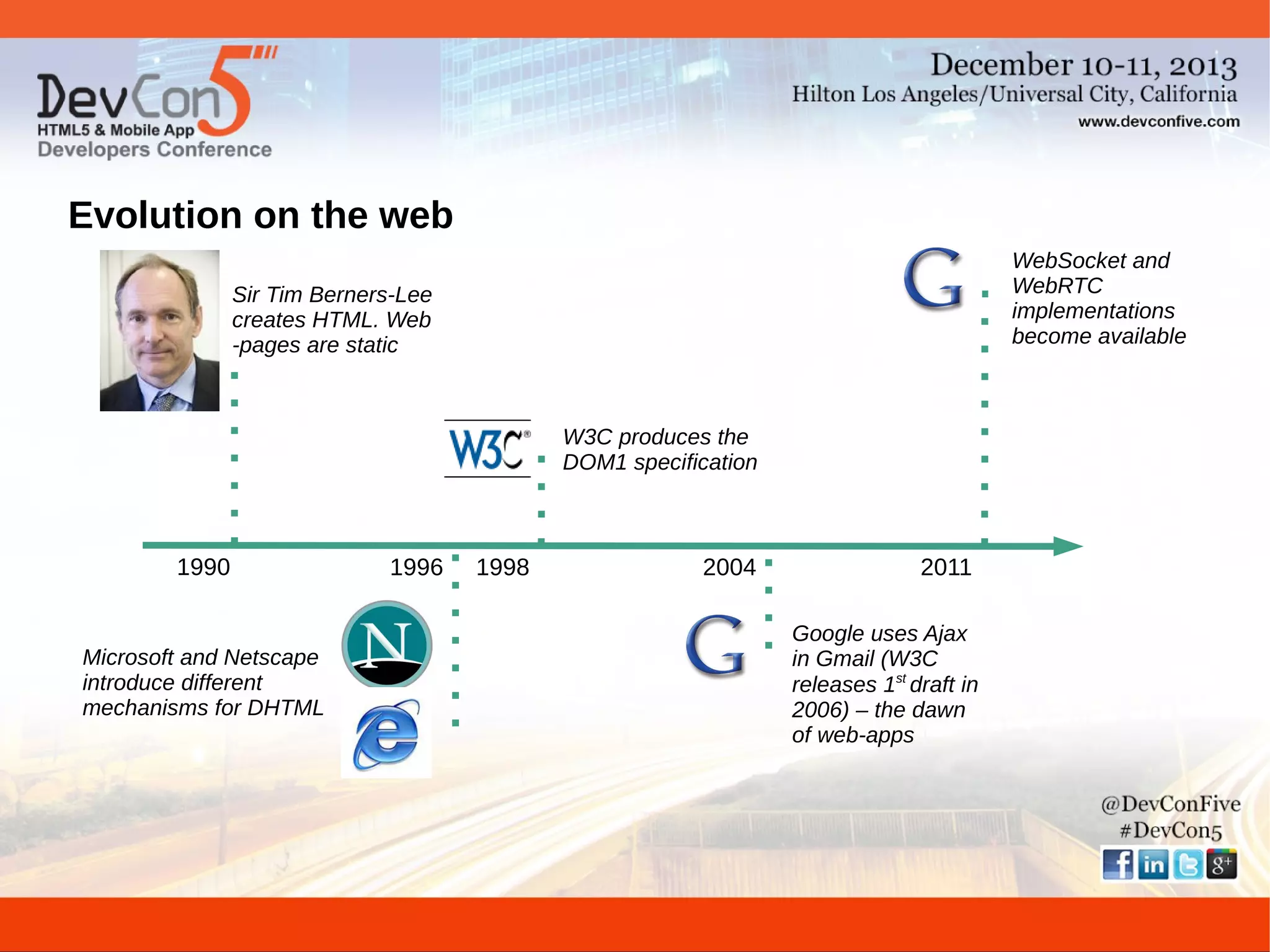 Evolution on the web
WebSocket and
WebRTC
implementations
become available

Sir Tim Berners-Lee
creates HTML. Web
-pages are static

W3C produces the
DOM1 specification

1990

Microsoft and Netscape
introduce different
mechanisms for DHTML

1996

1998

2004

2011
Google uses Ajax
in Gmail (W3C
releases 1st draft in
2006) – the dawn
of web-apps

 
