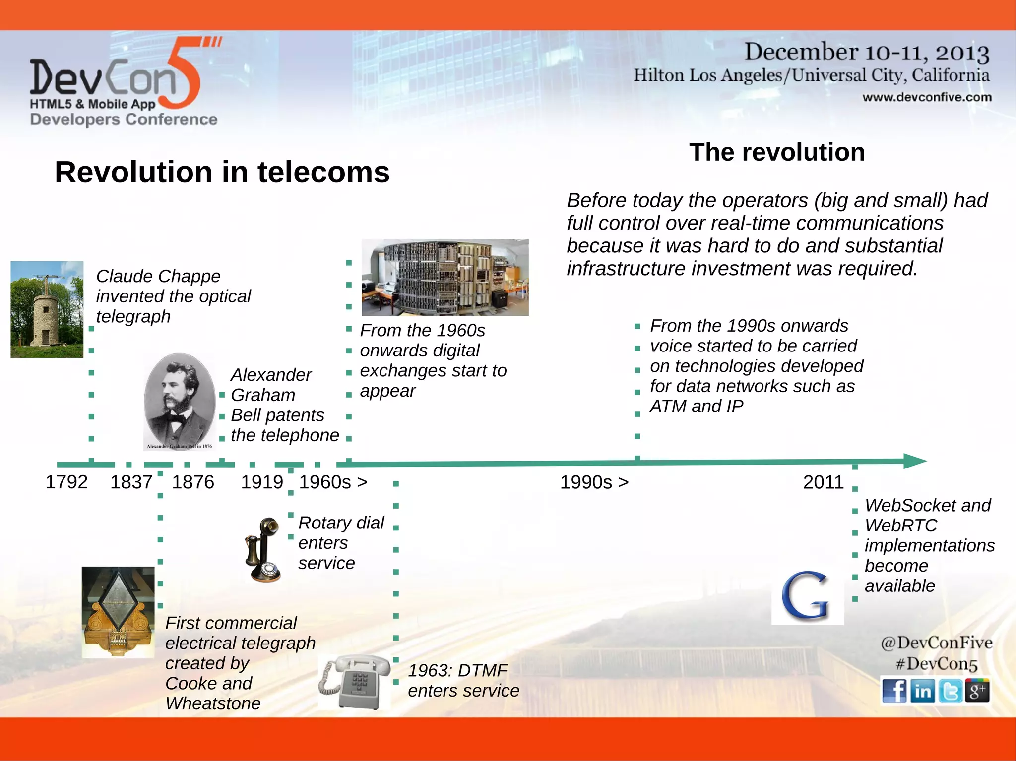 The revolution

Revolution in telecoms

Claude Chappe
invented the optical
telegraph
Alexander
Graham
Bell patents
the telephone

1792

1837 1876

Before today the operators (big and small) had
full control over real-time communications
because it was hard to do and substantial
infrastructure investment was required.

1919 1960s >

1990s >

2011
WebSocket and
WebRTC
implementations
become
available

Rotary dial
enters
service
First commercial
electrical telegraph
created by
Cooke and
Wheatstone

From the 1990s onwards
voice started to be carried
on technologies developed
for data networks such as
ATM and IP

From the 1960s
onwards digital
exchanges start to
appear

1963: DTMF
enters service

 