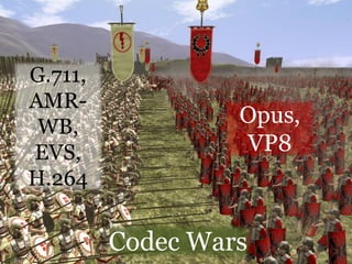 Codec Wars
Opus,
VP8
G.711,
AMR-
WB,
EVS,
H.264
 