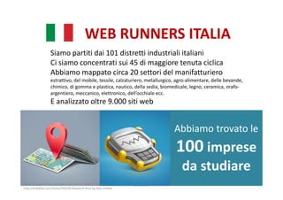 WEB RUNNERS ITALIA
Studio Giaccardi & Associati - Consulenti di
direzione
3
Siamo partiti dai 101 distretti industriali italiani
Ci siamo concentrati sui 45 di maggiore tenuta ciclica
Abbiamo mappato circa 20 settori del manifatturiero
estrattivo, del mobile, tessile, calzaturiero, metallurgico, agro-alimentare, delle bevande,
chimico, di gomma e plastica, nautico, della sedia, biomedicale, legno, ceramica, orafo-
argentiero, meccanico, elettronico, dell’occhiale ecc.
E analizzato oltre 9.000 siti web
Abbiamo trovato le
100 imprese
da studiare
Fonte immagini:http://dribbble.com/shots/799003-Find e
http://dribbble.com/shots/792350-Research-final by Alex Volkov
 