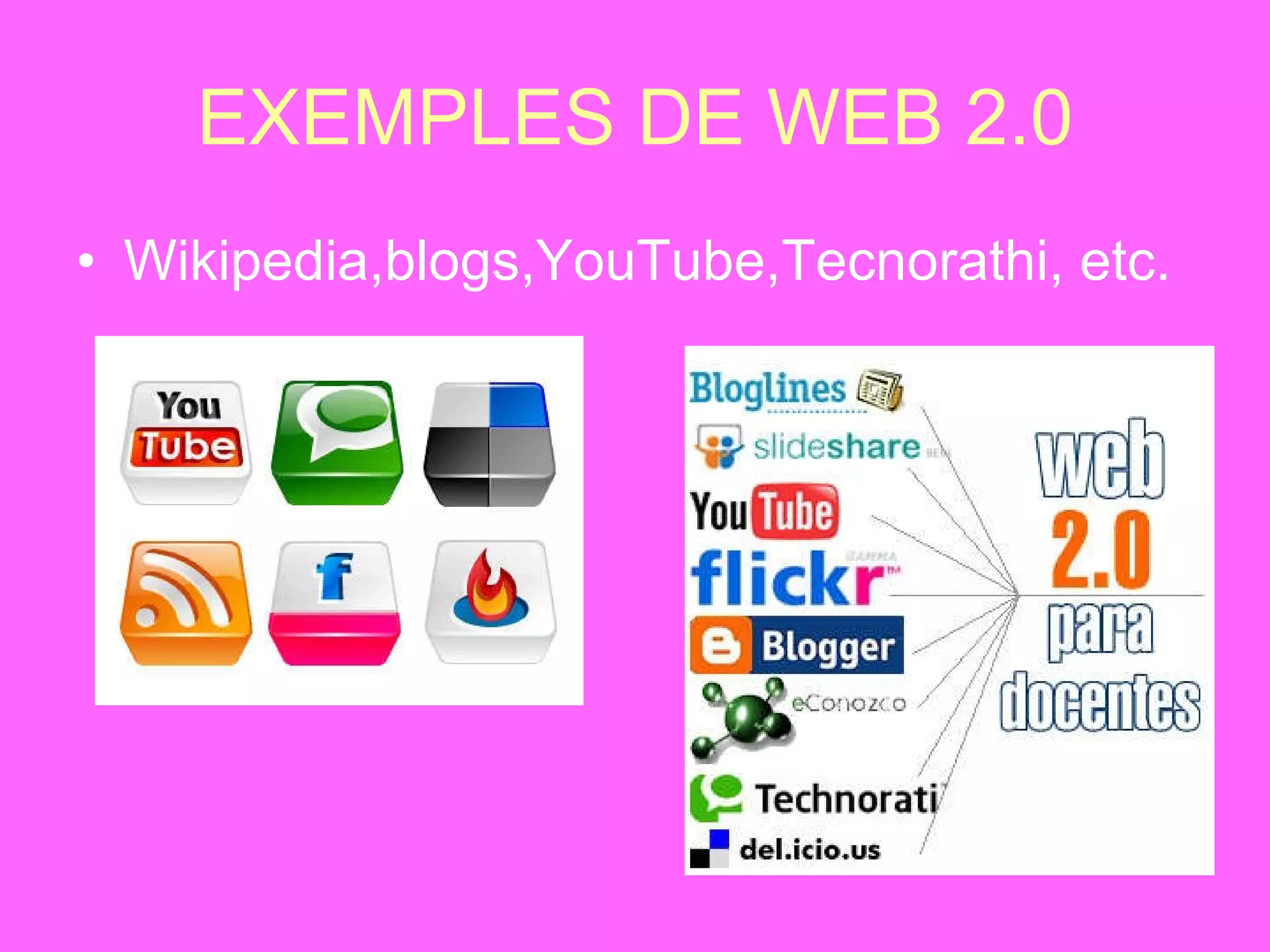 EXEMPLES DE WEB 2.0 Wikipedia,blogs,YouTube,Tecnorathi, etc. 