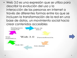 • Web 3.0 es una expresión que se utiliza para
describir la evolución del uso y la
interacción de las personas en internet a
través de diferentes formas entre los que se
incluyen la transformación de la red en una
base de datos, un movimiento social hacia
crear contenidos accesibles
 