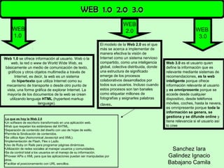 WEB 1.0 2.0 3.0WEB 1.0 2.0 3.0
WEB
1.0
Web 1.0 se ofrece información al usuario. Web o la
web, la red o www de World Wide Web, es
básicamente un medio de comunicación de texto,
gráficos y otros objetos multimedia a través de
Internet, es decir, la web es un sistema
de hipertexto que utiliza Internet como su
mecanismo de transporte o desde otro punto de
vista, una forma gráfica de explorar Internet. La
mayoría de los documentos de la web se crean
utilizando lenguaje HTML (hypertext markup
language).
WEB
2.0
El modelo de la Web 2.0 es el que
más se acerca a implementar de
manera efectiva la visión de
Internet como un sistema nervioso
compartido, como una inteligencia
global, colectiva distribuida, donde
una estructura de significado
emerge de los procesos
colaborativos desarrollados por
todos sus usuarios. Incluso cuando
estos procesos son tan banales
como etiquetar millones de
fotografías y asignarles palabras
claves.
WEB
3.0
Lo que es hoy la Web 2.0
•Un software de escritorio transformado en una aplicación web.
•Web que respetan los estándares del XHTML.
•Separación de contenido del diseño con uso de hojas de estilo.
•Permite la Sindicación de contenidos.
•Se utiliza Ajax (Asincronical Javascript and XML).
•Implementación de Flash, Flex o Lazlo.
•Uso de Ruby on Rails para programar páginas dinámicas.
•Utilización de redes sociales al manejar usuarios y comunidades.
•Se da control total a los usuarios en el manejo de su información.
•Proveer APis o XML para que las aplicaciones puedan ser manipuladas por
otros.
•Facilitar el posicionamiento con URL sencillos.
Web 3.0 es el usuario quien
define la información que es
relevante mediante sistemas de
recomendaciones, es la web
inteligente porque ofrece
información relevante al usuario
y es omnipresente porque se
accede desde cualquier
dispositivo, desde teléfonos
móviles, coches, hasta la nevera,
es omnipresente porque toda la
información se genera, se
gestiona y se difunde online y
tiene relevancia si el usuario así
lo cree
Sanchez Iara
Galindez Ignacio
Babajano Camila
 