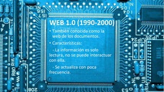 WEB 1.0 (1990-2000)
• También conocida como la
web de los documentos.
• Características:
- La información es solo
lectura, no se puede interactuar
con ella.
- Se actualiza con poca
frecuencia.
 
