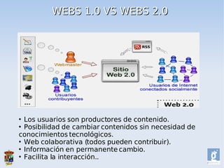 WEBS 1.0 VS WEBS 2.0




 Los usuarios son productores de contenido.
 Posibilidad de cambiar contenidos sin necesidad de

conocimientos tecnológicos.
 Web colaborativa (todos pueden contribuir).

 Información en permanente cambio.

 Facilita la interacción..
 