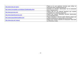 http://www.xtec.es/~jsanz/
Página en la que aparecen recursos para utilizar en
educación física; programaciones etc..
http://www.monografias.com/trabajos12/edfis/edfis.shtml
Variedad de artículos relacionados con la educación
física; resistencia etc.
http://www.gymnos.com/
Pagina web de una editorial deportiva que muestra
novedades en la “literatura deportiva”.
http://www.deporteyciencia.com/
Pagina que muestra diferentes artículos relacionados
con la actividad física.
http://www.juegosdetiempolibre.com/
Página dedicada a informar sobre distintos juegos que
pueden practicarse en tiempo libre con los niños.
http://www.xtec.es/~mescoi/
Página que muestra sesiones de educación física para
los diferentes niveles.
29
 