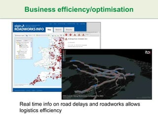 Real time info on road delays and roadworks allows
logistics efficiency
Business efficiency/optimisation
 