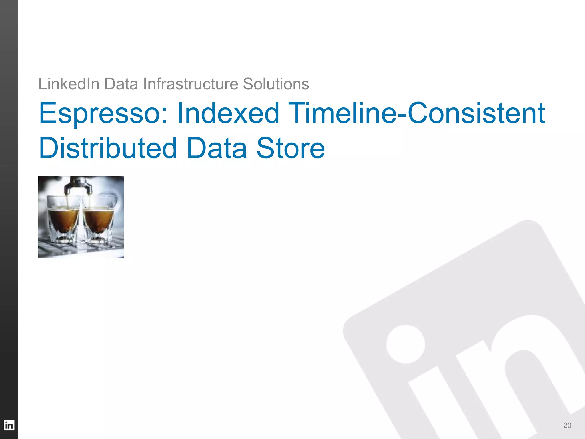 Espresso: Indexed Timeline-Consistent
Distributed Data Store
LinkedIn Data Infrastructure Solutions
20
 