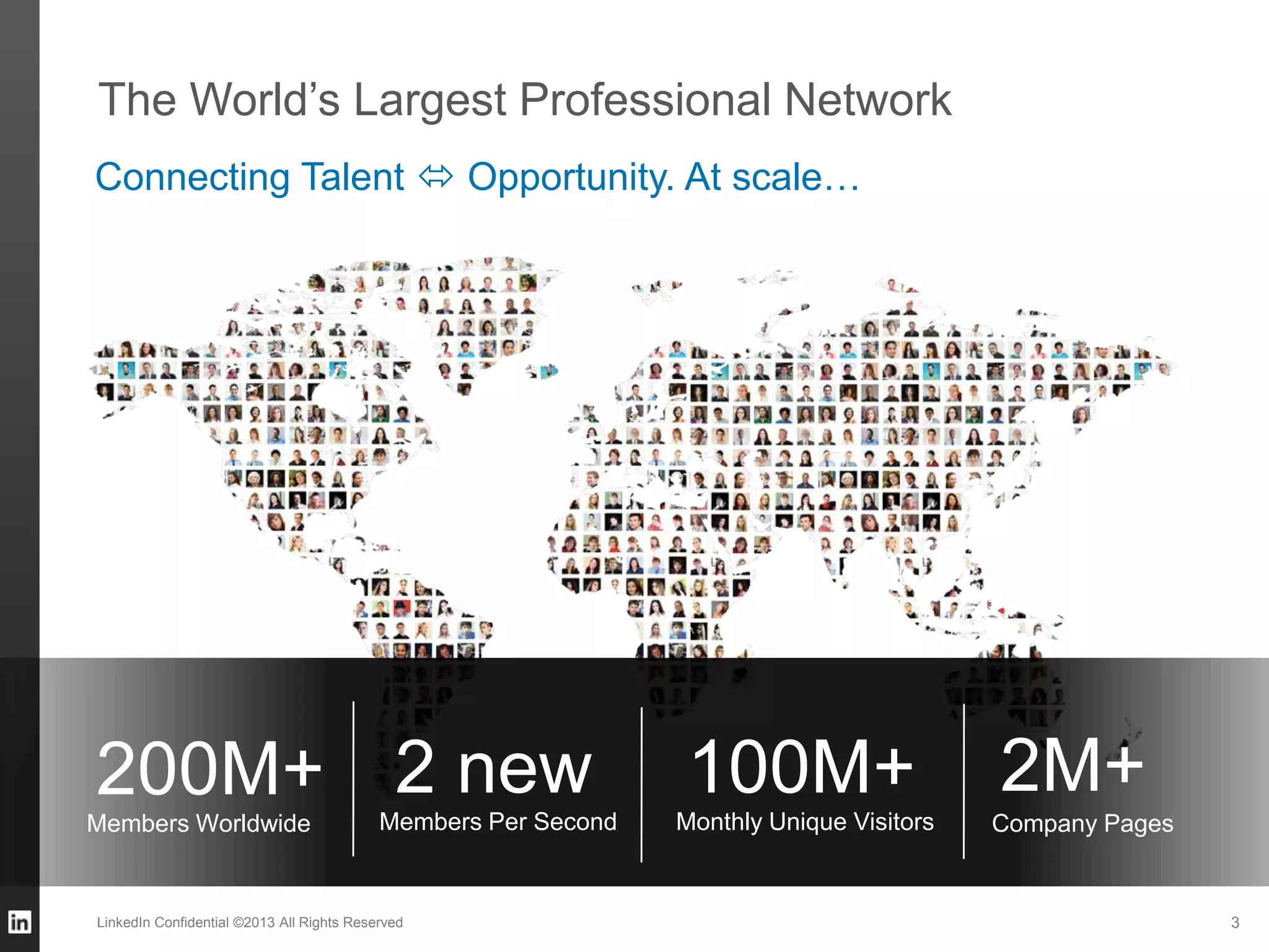 The World‟s Largest Professional Network
Members Worldwide
2 new
Members Per Second
100M+
Monthly Unique Visitors
200M+ 2M+
Company Pages
Connecting Talent  Opportunity. At scale…
LinkedIn Confidential ©2013 All Rights Reserved 3
 