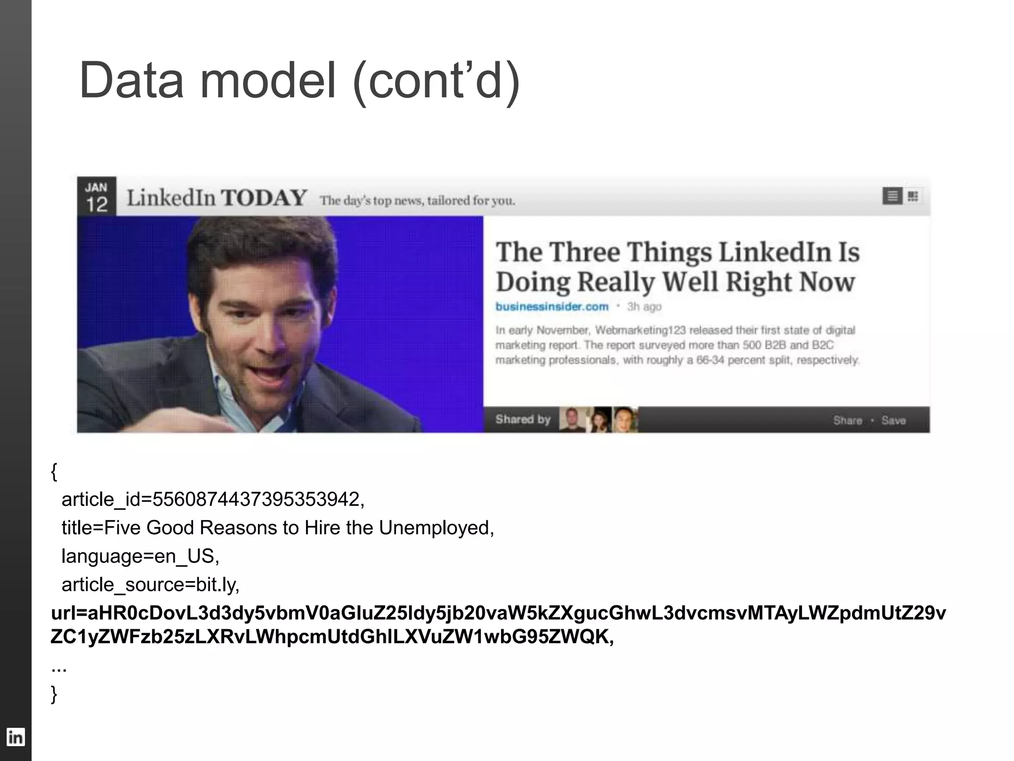 Data model (cont‟d)
{
article_id=5560874437395353942,
title=Five Good Reasons to Hire the Unemployed,
language=en_US,
article_source=bit.ly,
url=aHR0cDovL3d3dy5vbmV0aGluZ25ldy5jb20vaW5kZXgucGhwL3dvcmsvMTAyLWZpdmUtZ29v
ZC1yZWFzb25zLXRvLWhpcmUtdGhlLXVuZW1wbG95ZWQK,
...
}
 