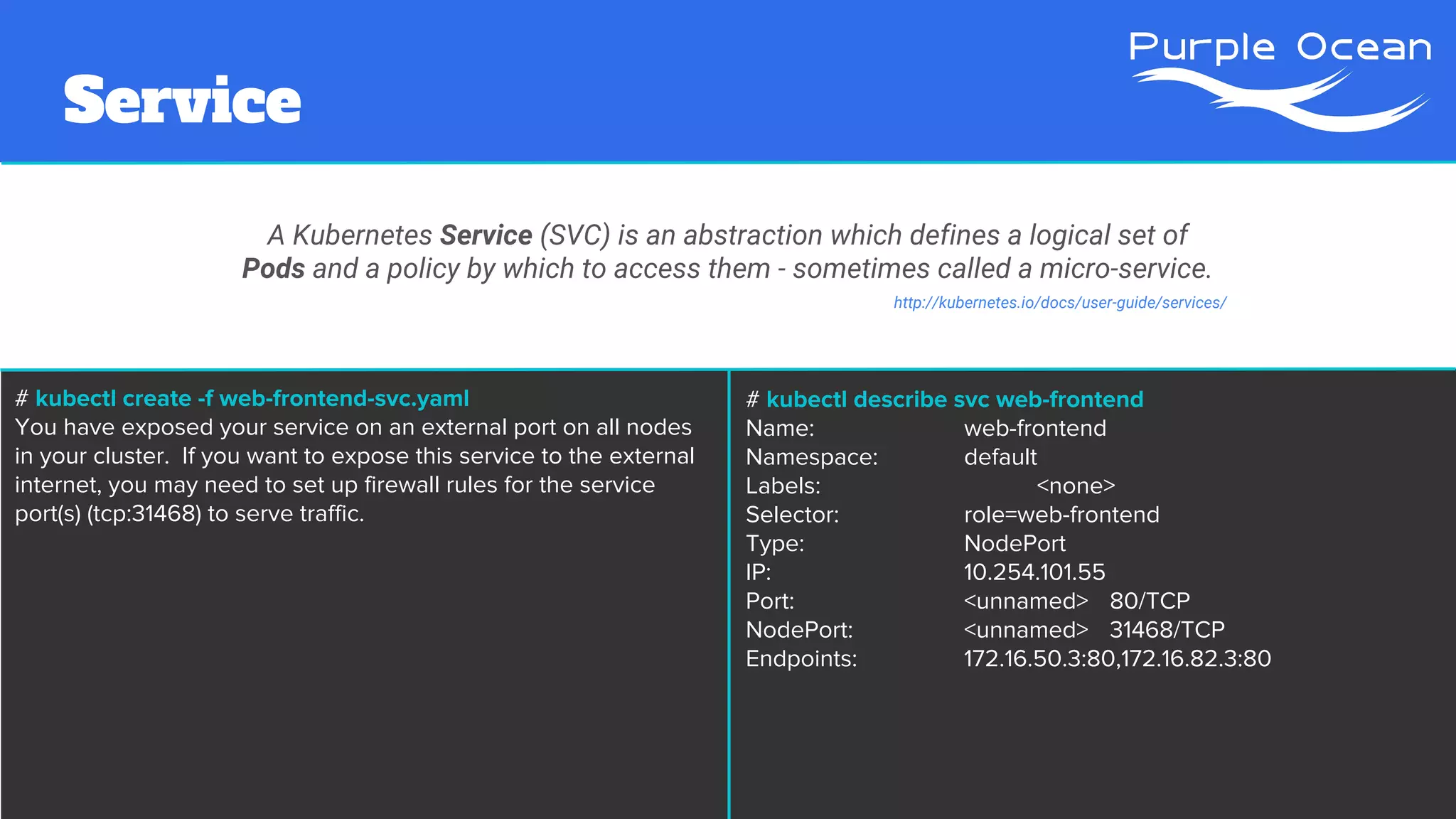 Service
A Kubernetes Service (SVC) is an abstraction which defines a logical set of
Pods and a policy by which to access them - sometimes called a micro-service.
http://kubernetes.io/docs/user-guide/services/
# kubectl create -f web-frontend-svc.yaml
You have exposed your service on an external port on all nodes
in your cluster. If you want to expose this service to the external
internet, you may need to set up firewall rules for the service
port(s) (tcp:31468) to serve traffic.
# kubectl describe svc web-frontend
Name: web-frontend
Namespace: default
Labels: <none>
Selector: role=web-frontend
Type: NodePort
IP: 10.254.101.55
Port: <unnamed> 80/TCP
NodePort: <unnamed> 31468/TCP
Endpoints: 172.16.50.3:80,172.16.82.3:80
 