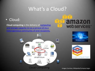 What’s a Cloud?
• Cloud:
Cloud computing is the delivery of computing
and storage capacity [1] as a service [2] to a
heterogeneous community of end-recipients.




                                                 Images Courtesy: Wikipedia/Company logos
 