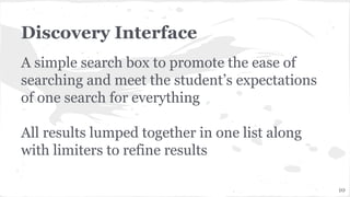 Discovery Interface
A simple search box to promote the ease of
searching and meet the student’s expectations
of one search for everything
All results lumped together in one list along
with limiters to refine results
10
 