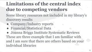 Limitations of the central index
due to competing vendors
Some library resources not included in my library’s
discovery results
● Company/Industry reports
● Financial/Statistical Data
● Joanna Briggs Institute Systematic Reviews
These are three example that I am familiar with
and I am sure that there are others based on your
individual libraries
15
 