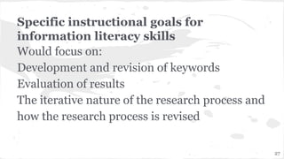Specific instructional goals for
information literacy skills
Would focus on:
Development and revision of keywords
Evaluation of results
The iterative nature of the research process and
how the research process is revised
27
 
