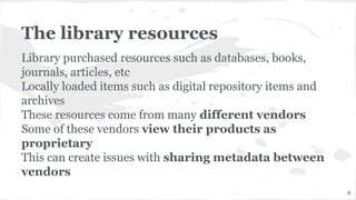The library resources
Library purchased resources such as databases, books,
journals, articles, etc
Locally loaded items such as digital repository items and
archives
These resources come from many different vendors
Some of these vendors view their products as
proprietary
This can create issues with sharing metadata between
vendors
6
 