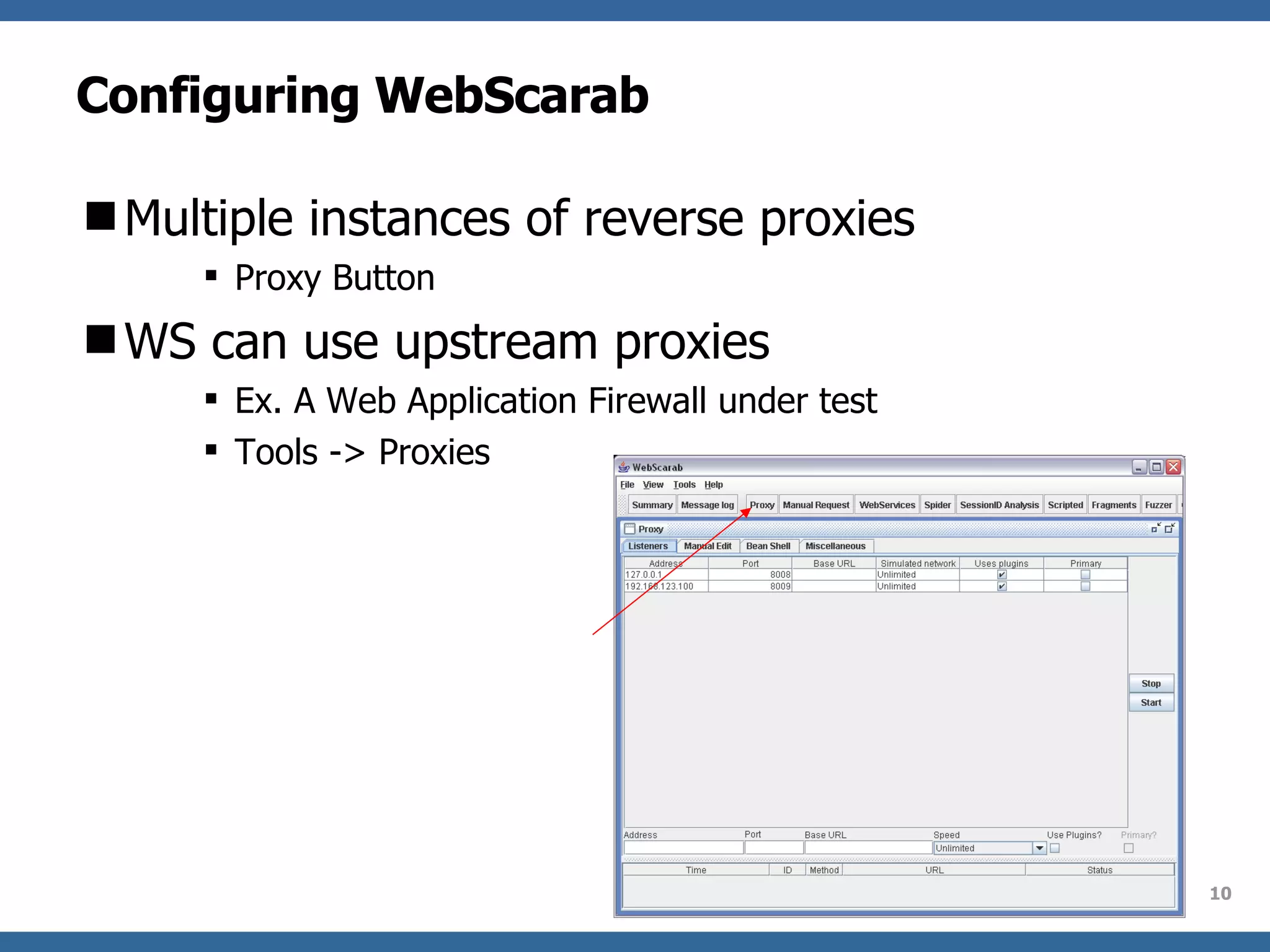 Configuring WebScarab Multiple instances of reverse proxies Proxy Button WS can use upstream proxies Ex. A Web Application Firewall under test Tools -> Proxies 