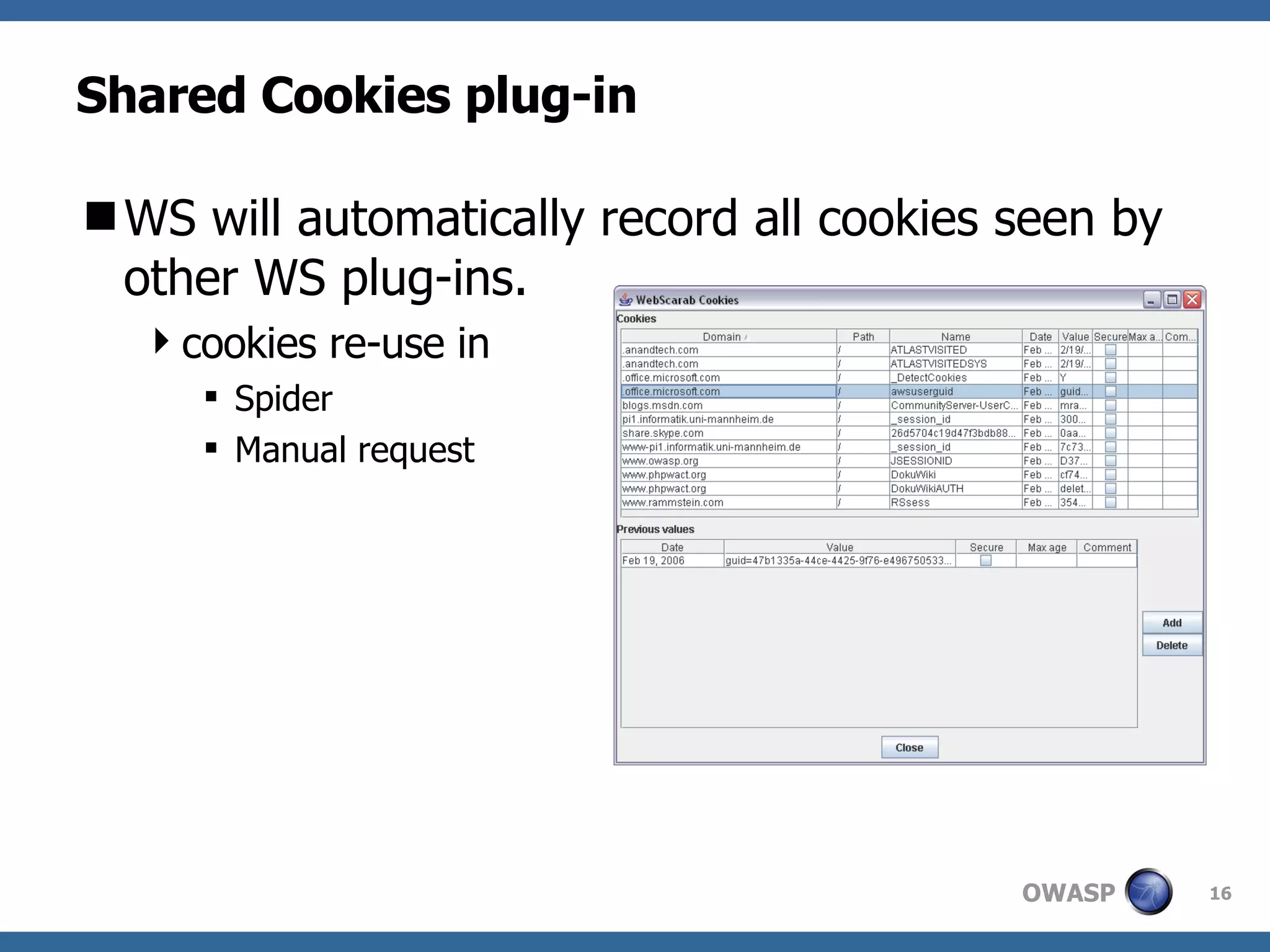 Shared Cookies plug-in WS will automatically record all cookies seen by other WS plug-ins. cookies re-use in Spider Manual request 