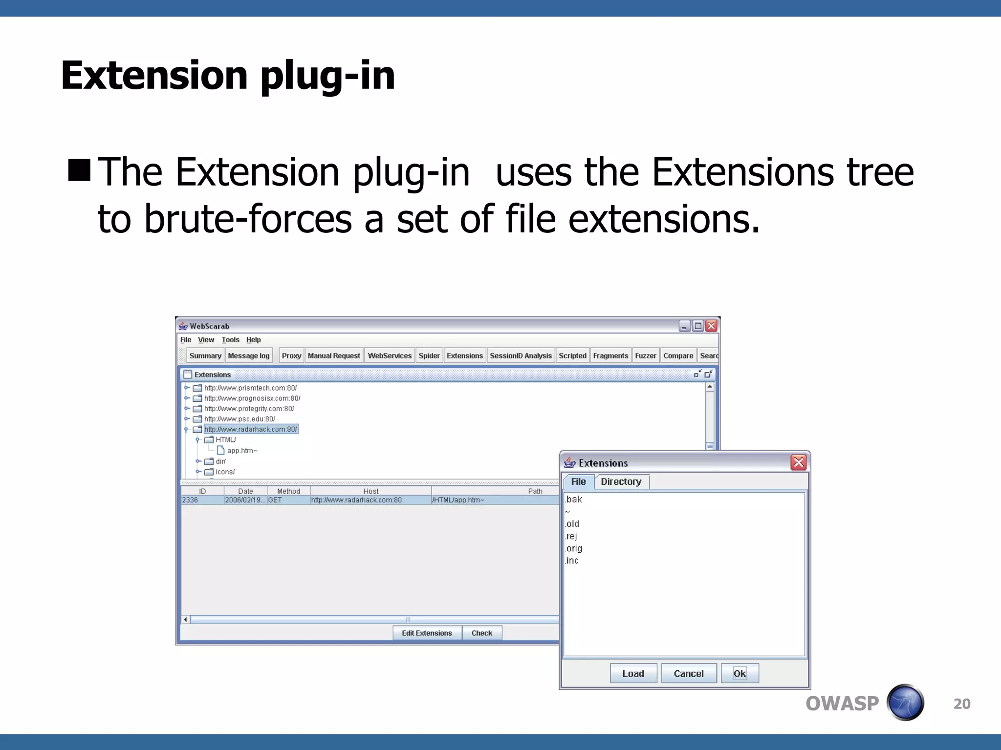 Extension plug-in The Extension plug-in  uses the Extensions tree to brute-forces a set of file extensions. 