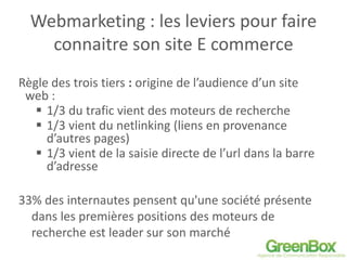 Webmarketing : les leviers pour faire
connaitre son site E commerce
Règle des trois tiers : origine de l’audience d’un site
web :
 1/3 du trafic vient des moteurs de recherche
 1/3 vient du netlinking (liens en provenance
d’autres pages)
 1/3 vient de la saisie directe de l’url dans la barre
d’adresse
33% des internautes pensent qu'une société présente
dans les premières positions des moteurs de
recherche est leader sur son marché
 
