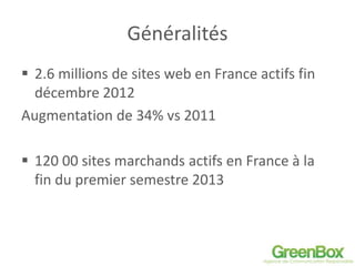 Généralités
 2.6 millions de sites web en France actifs fin
décembre 2012
Augmentation de 34% vs 2011
 120 00 sites marchands actifs en France à la
fin du premier semestre 2013
 