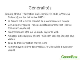Généralités
Selon la FEVAD (Fédération du E-commerce et de la Vente A
Distance), au 1er trimestre 2015 :
 La France est le 3ème marché de e-commerce en Europe
 73% des internautes Français achètent sur Internet (contre
63% des Européens)
 Progression de 14% sur un an du CA sur le web
 Amazon, Cdiscount ou encore Fnac.com sont les sites les plus
visités
 Taux de transformation moyen : 3 %
 Panier moyen s’élève désormais à 79 € (recul de 3 euros sur
un an)
 