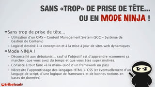 SANS «TROP» DE PRISE DE TÊTE...
                                OU EN MODE NINJA !
➡Sans    trop de prise de tête...
 ‣ Utilisation d’un CMS - Content Management System (SGC - Système de
   Gestion de Contenu)
 ‣ Logiciel destiné à la conception et à la mise à jour de sites web dynamiques

➡Mode     NINJA !
 ‣ Déconseillé aux débutants... sauf si l’objectif est d’apprendre «comment ça
   marche», que vous avez du temps et que vous êtes super motivés.
 ‣ Consiste à tout faire «à la main» (aidé d’un framework ou pas)
 ‣   Nécessite l’apprentissage des langages HTML + CSS (et éventuellement d’un
     langage de script, d’une logique de framework et de bonnes notions en
     bases de données)
 