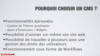 POURQUOI CHOISIR UN CMS ?

➡Fonctionnalités    éprouvées
 ‣ Gestion de Thèmes graphiques
 ‣ Ajout d’Extensions / Widgets

➡Possibilité d’animer soi-même son site web
➡Possibilité de travailler à plusieurs avec une
 gestion des droits des utilisateurs
➡Fonctionnement sous forme de Workﬂows
 