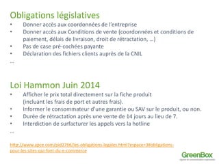 Obligations législatives 
• Donner accès aux coordonnées de l’entreprise 
• Donner accès aux Conditions de vente (coordonnées et conditions de 
paiement, délais de livraison, droit de rétractation, …) 
• Pas de case pré-cochées payante 
• Déclaration des fichiers clients auprès de la CNIL 
… 
Loi Hammon Juin 2014 
• Afficher le prix total directement sur la fiche produit 
(incluant les frais de port et autres frais). 
• Informer le consommateur d’une garantie ou SAV sur le produit, ou non. 
• Durée de rétractation après une vente de 14 jours au lieu de 7. 
• Interdiction de surfacturer les appels vers la hotline 
… 
http://www.apce.com/pid2766/les-obligations-legales.html?espace=3#obligations-pour- 
les-sites-qui-font-du-e-commerce 
 