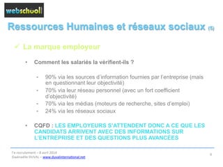 Ressources Humaines et réseaux sociaux (5)
ü  La marque employeur
•  Comment les salariés la vérifient-ils ?
⁃  90% via les sources d’information fournies par l’entreprise (mais
en questionnant leur objectivité)
⁃  70% via leur réseau personnel (avec un fort coefficient
d’objectivité)
⁃  70% via les médias (moteurs de recherche, sites d’emploi)
⁃  24% via les réseaux sociaux
•  CQFD : LES EMPLOYEURS S’ATTENDENT DONC A CE QUE LES
CANDIDATS ARRIVENT AVEC DES INFORMATIONS SUR
L’ENTREPRISE ET DES QUESTIONS PLUS AVANCÉES
l’e-­‐recrutement	
  –	
  8	
  avril	
  2014	
  
Gwénaëlle	
  DUVAL	
  –	
  www.duvalinterna@onal.net	
  	
  
6	
  
 