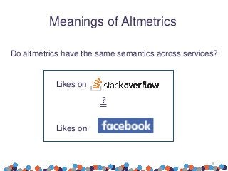 Meanings of Altmetrics
Do altmetrics have the same semantics across services?
Likes on
=
Likes on
8
?
 