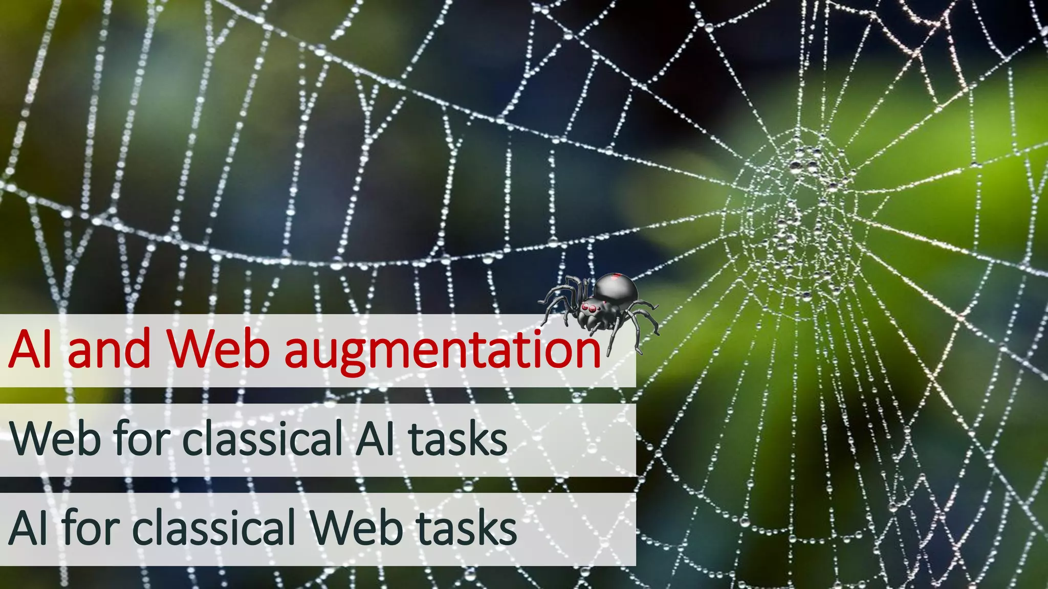 AI for classical Web tasks
Web for classical AI tasks
AI and Web augmentation
 