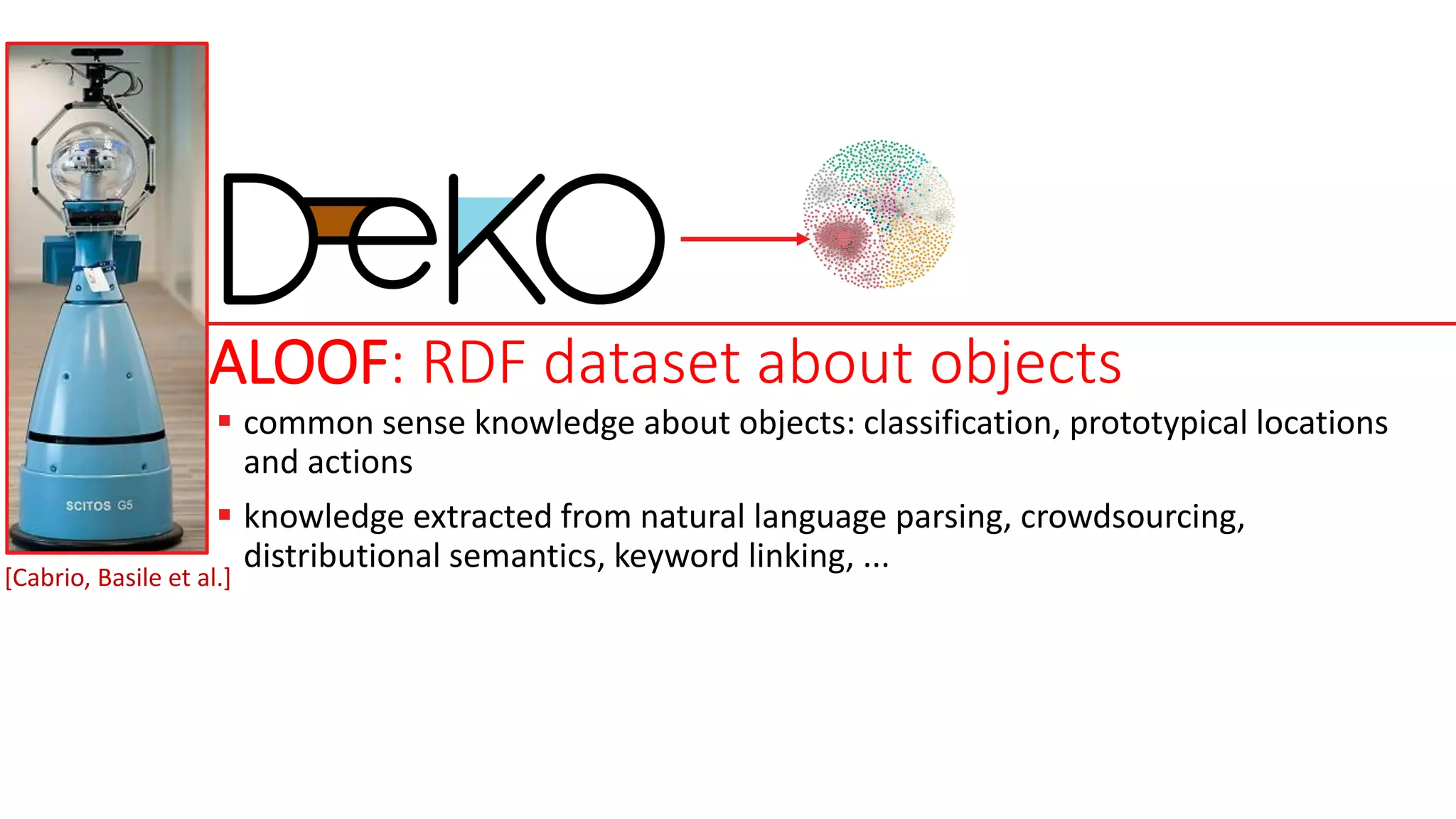 ALOOF: RDF dataset about objects
[Cabrio, Basile et al.]
 common sense knowledge about objects: classification, prototypical locations
and actions
 knowledge extracted from natural language parsing, crowdsourcing,
distributional semantics, keyword linking, ...
 