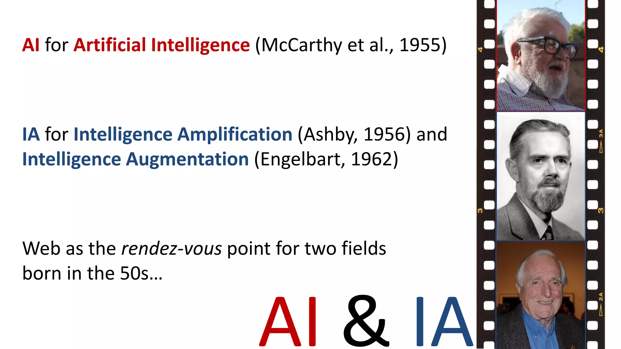 AI for Artificial Intelligence (McCarthy et al., 1955)
IA for Intelligence Amplification (Ashby, 1956) and
Intelligence Augmentation (Engelbart, 1962)
Web as the rendez-vous point for two fields
born in the 50s…
AI & IA
 