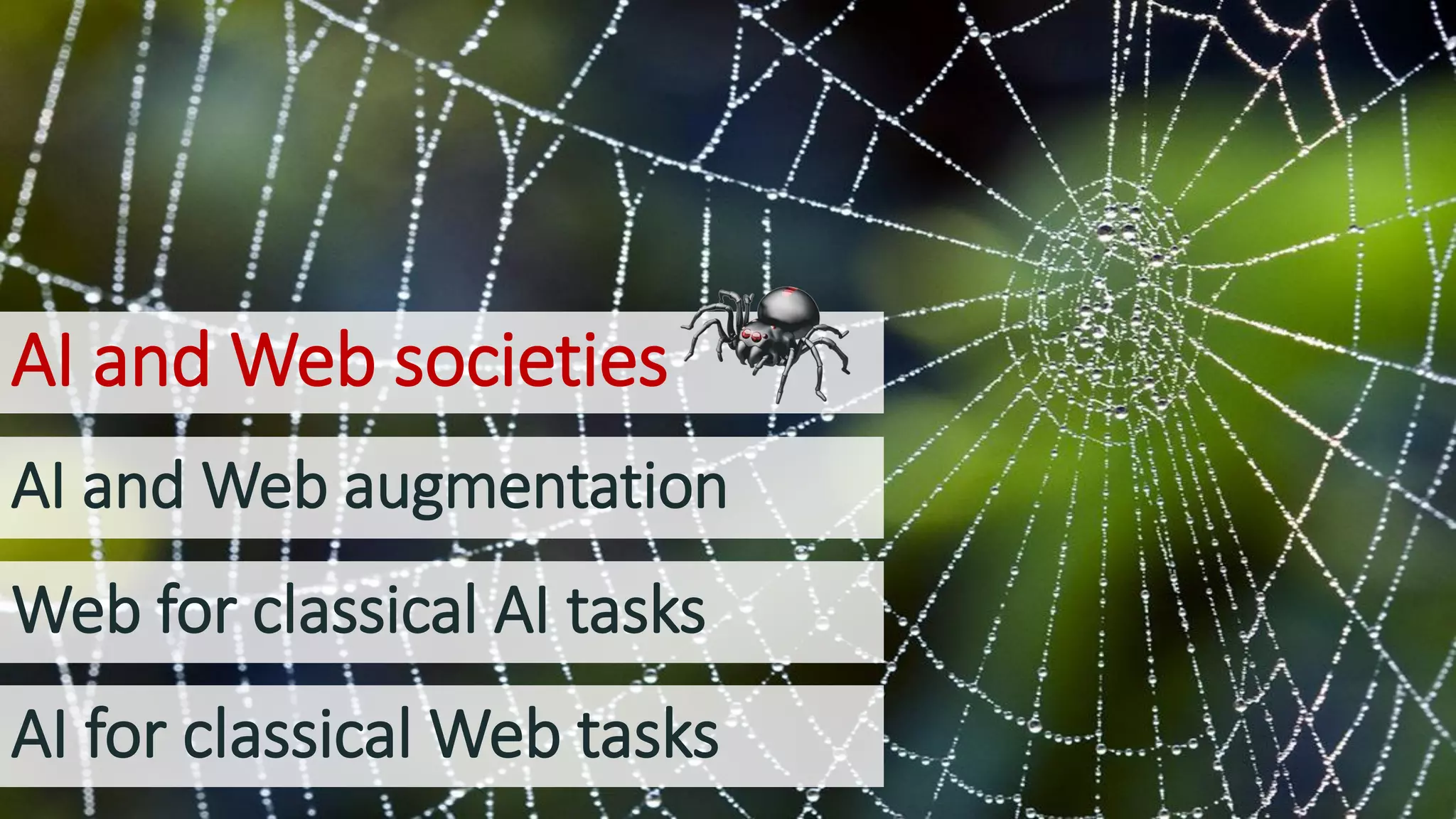 AI for classical Web tasks
Web for classical AI tasks
AI and Web augmentation
AI and Web societies
 