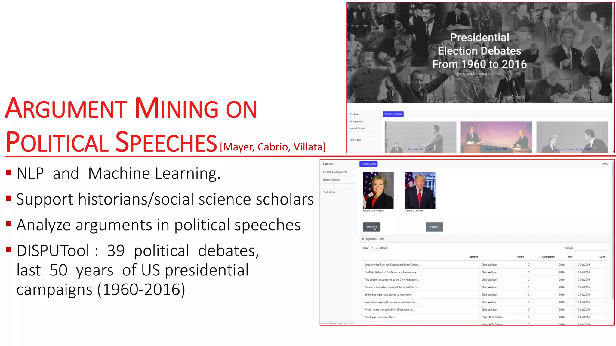 ARGUMENT MINING ON
POLITICAL SPEECHES
 NLP and Machine Learning.
 Support historians/social science scholars
 Analyze arguments in political speeches
 DISPUTool : 39 political debates,
last 50 years of US presidential
campaigns (1960-2016)
[Mayer, Cabrio, Villata]
 