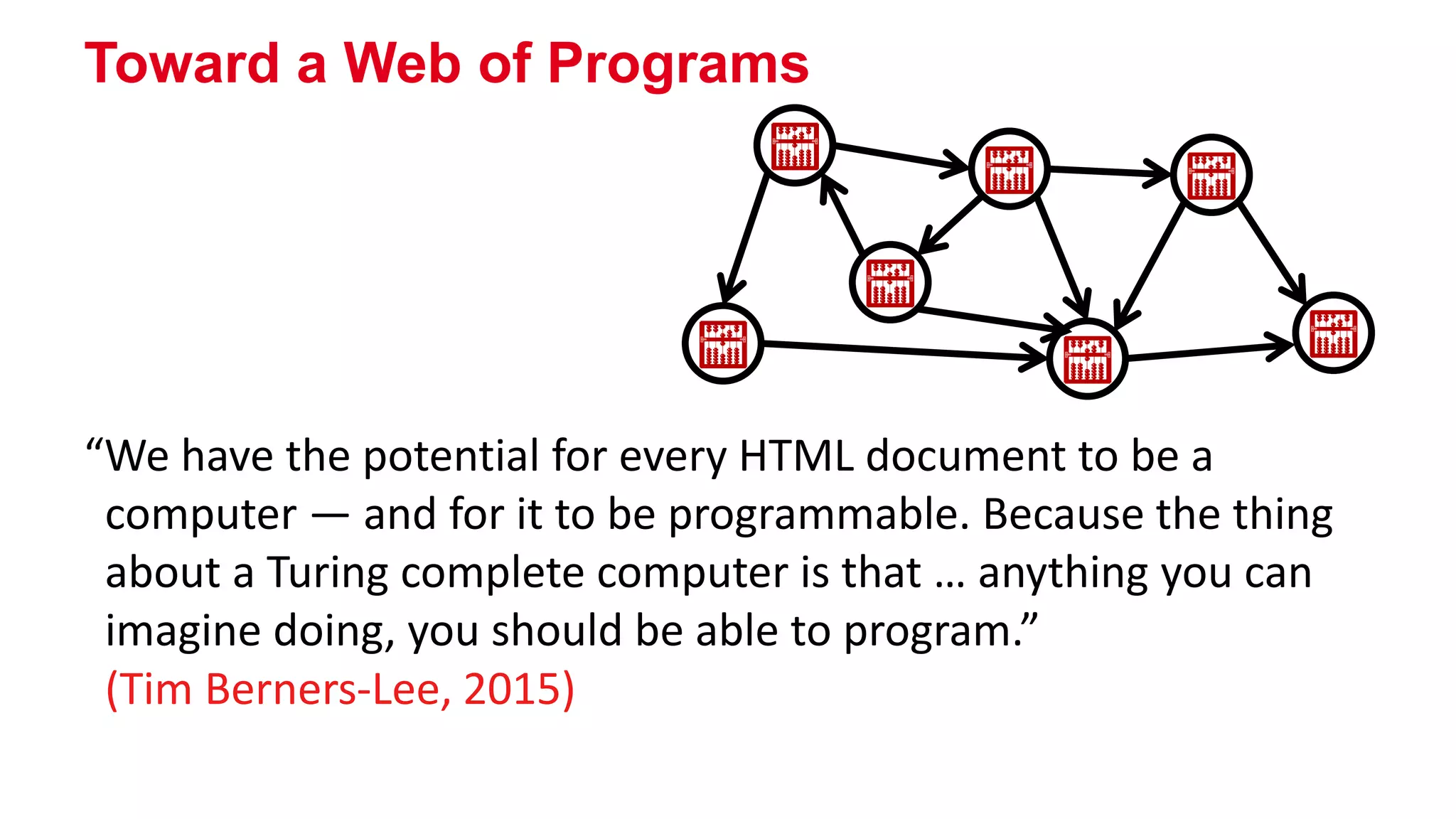 Toward a Web of Programs
“We have the potential for every HTML document to be a
computer — and for it to be programmable. Because the thing
about a Turing complete computer is that … anything you can
imagine doing, you should be able to program.”
(Tim Berners-Lee, 2015)
 