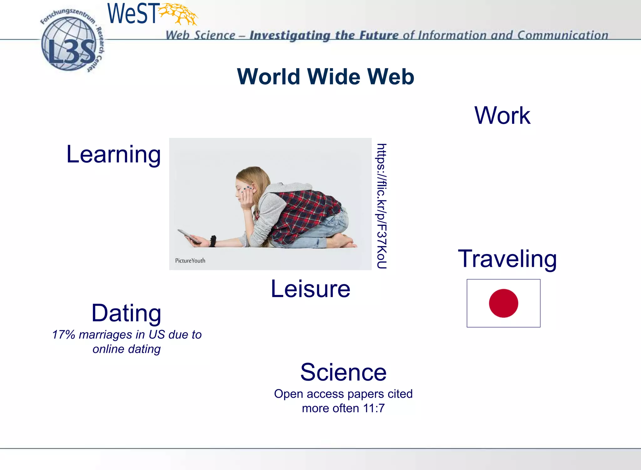 World Wide Web
Work
Dating
17% marriages in US due to
online dating
Traveling
Learning
Leisure
Science
Open access papers cited
more often 11:7
https://flic.kr/p/F37KoU
 