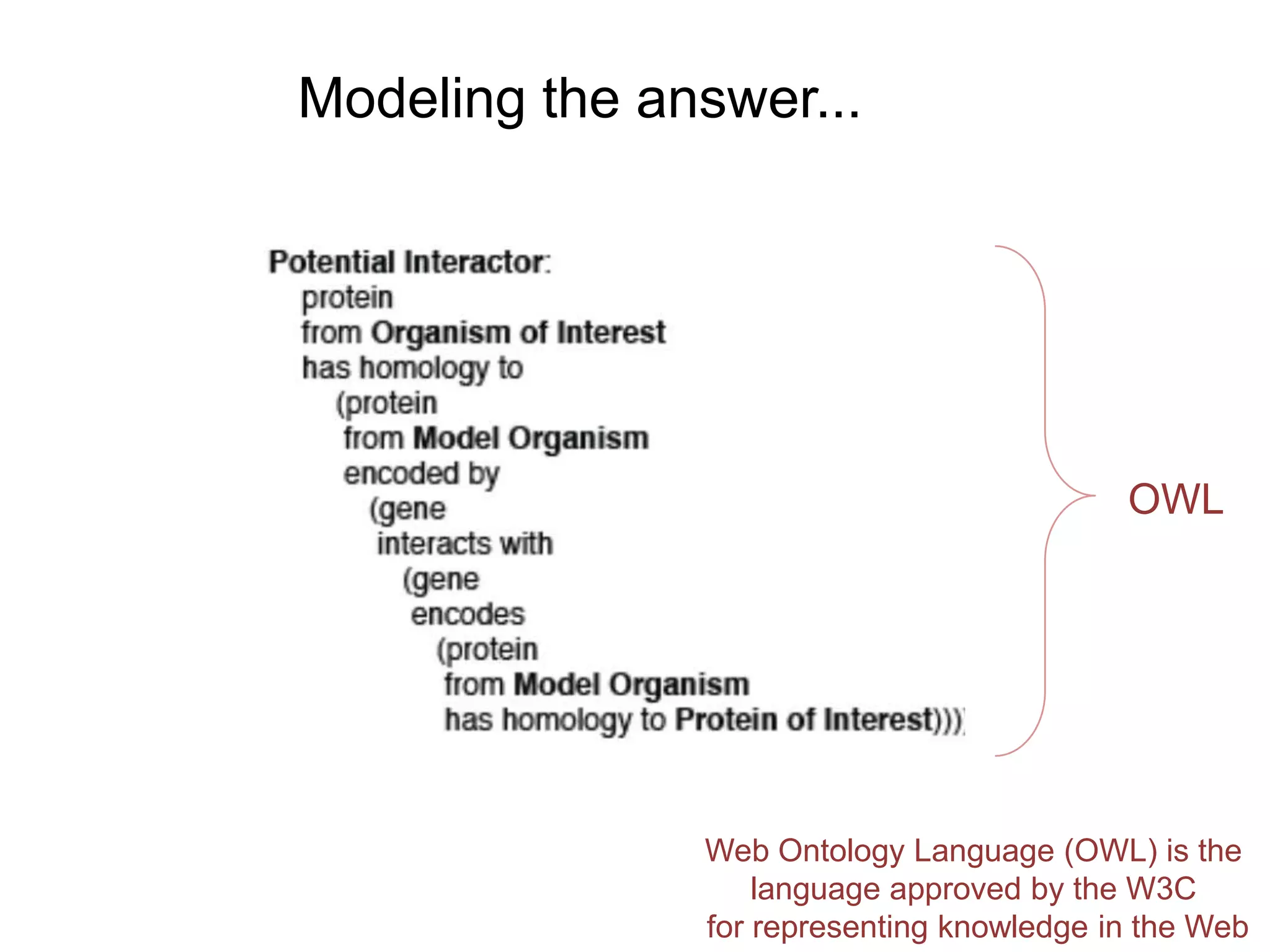 Modeling the answer...




                                           OWL




               Web Ontology Language (OWL) is the
                   language approved by the W3C
               for representing knowledge in the Web
 