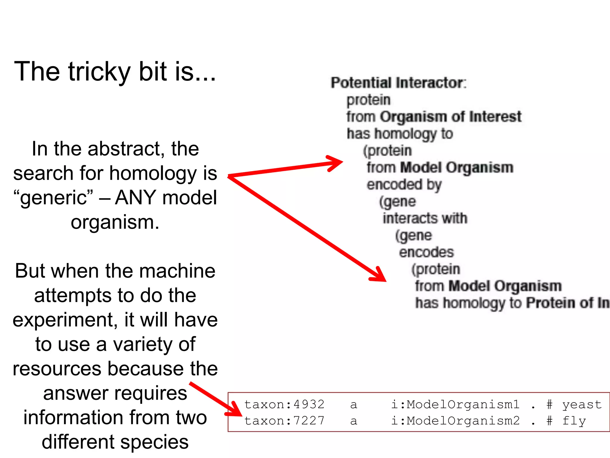 The tricky bit is...

  In the abstract, the
search for homology is
“generic” – ANY model
       organism.

But when the machine
   attempts to do the
experiment, it will have
   to use a variety of
resources because the
    answer requires        taxon:4932   a   i:ModelOrganism1 . # yeast
 information from two      taxon:7227   a   i:ModelOrganism2 . # fly
    different species
 