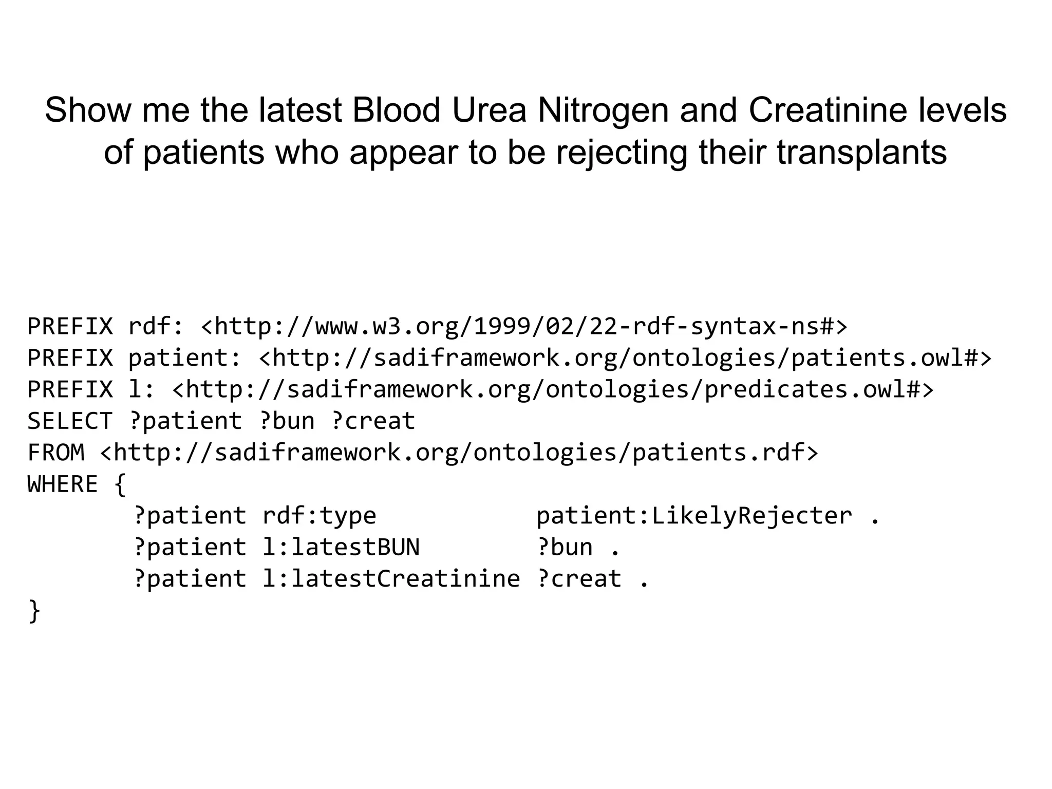 Show me the latest Blood Urea Nitrogen and Creatinine levels
    of patients who appear to be rejecting their transplants



PREFIX rdf: <http://www.w3.org/1999/02/22-rdf-syntax-ns#>
PREFIX patient: <http://sadiframework.org/ontologies/patients.owl#>
PREFIX l: <http://sadiframework.org/ontologies/predicates.owl#>
SELECT ?patient ?bun ?creat
FROM <http://sadiframework.org/ontologies/patients.rdf>
WHERE {
        ?patient rdf:type           patient:LikelyRejecter .
        ?patient l:latestBUN        ?bun .
        ?patient l:latestCreatinine ?creat .
}
 