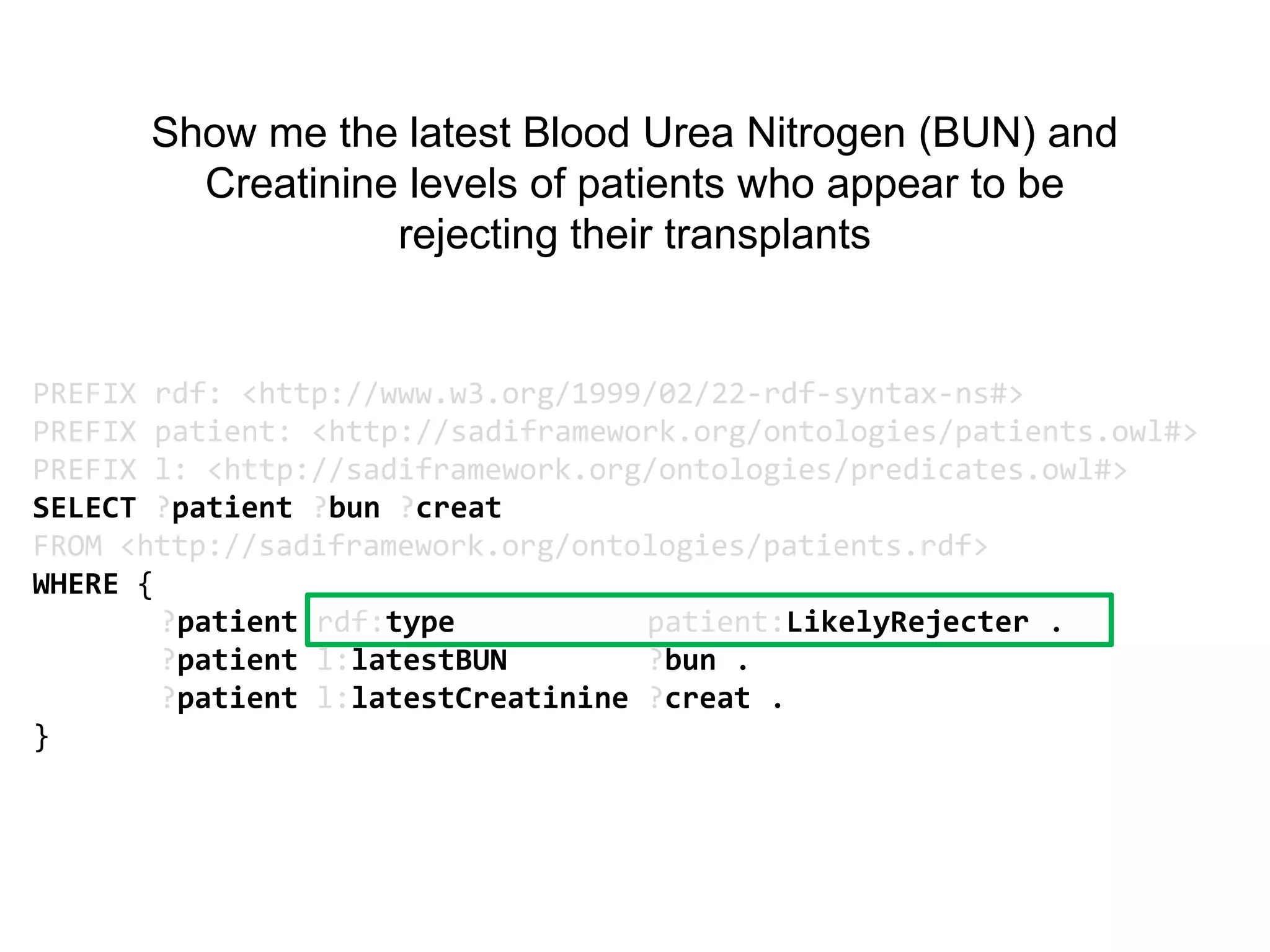 Show me the latest Blood Urea Nitrogen (BUN) and
        Creatinine levels of patients who appear to be
                  rejecting their transplants


PREFIX rdf: <http://www.w3.org/1999/02/22-rdf-syntax-ns#>
PREFIX patient: <http://sadiframework.org/ontologies/patients.owl#>
PREFIX l: <http://sadiframework.org/ontologies/predicates.owl#>
SELECT ?patient ?bun ?creat
FROM <http://sadiframework.org/ontologies/patients.rdf>
WHERE {
        ?patient rdf:type           patient:LikelyRejecter .
        ?patient l:latestBUN        ?bun .
        ?patient l:latestCreatinine ?creat .
}
 