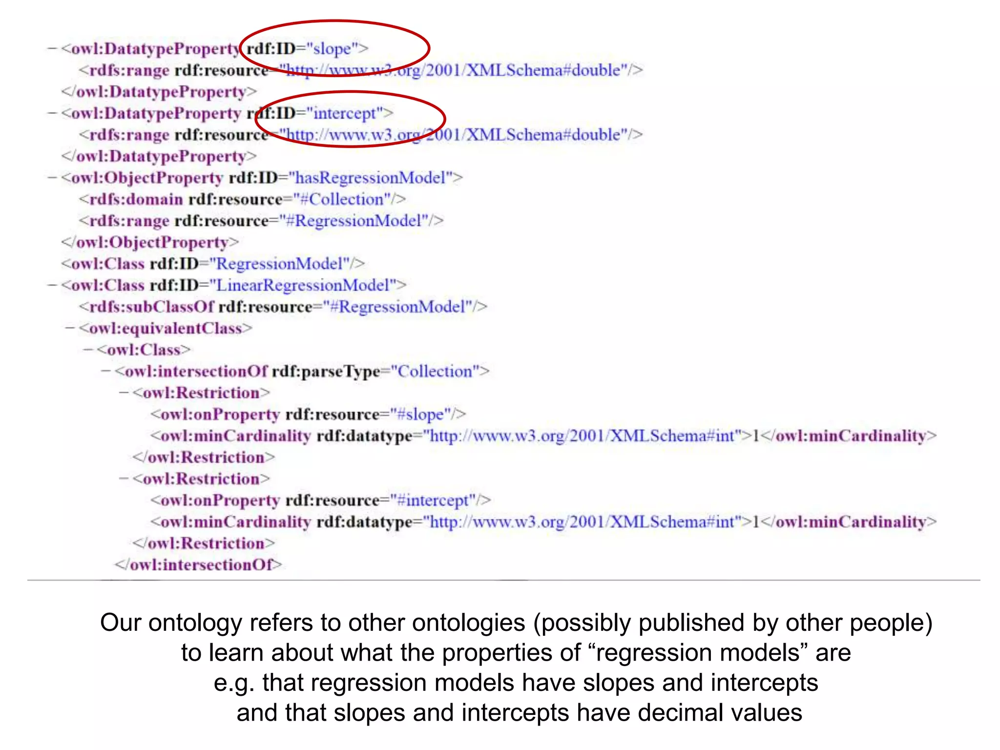 Our ontology refers to other ontologies (possibly published by other people)
       to learn about what the properties of “regression models” are
           e.g. that regression models have slopes and intercepts
             and that slopes and intercepts have decimal values
 