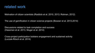 related work
Motivation of citizen scientists (Raddick et al. 2010, 2013; Rotman, 2012)
Discussions related to task completion and success
(Hassman et al. 2013, Mugar et al. 2014)
Cross-project participation bolsters engagement and sustained activity
(Luczak-Rösch et al. 2014)
The use of gamification in citizen science projects (Bowser et al. 2013,2014)
 